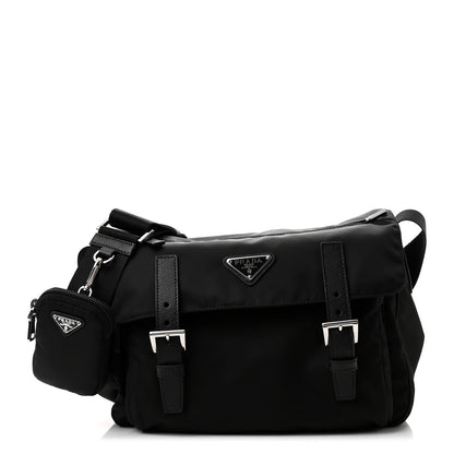 Prada Re-Nylon Vela Saffiano Pocket Double Buckle Messenger Shoulder Bag Black 1 of 8