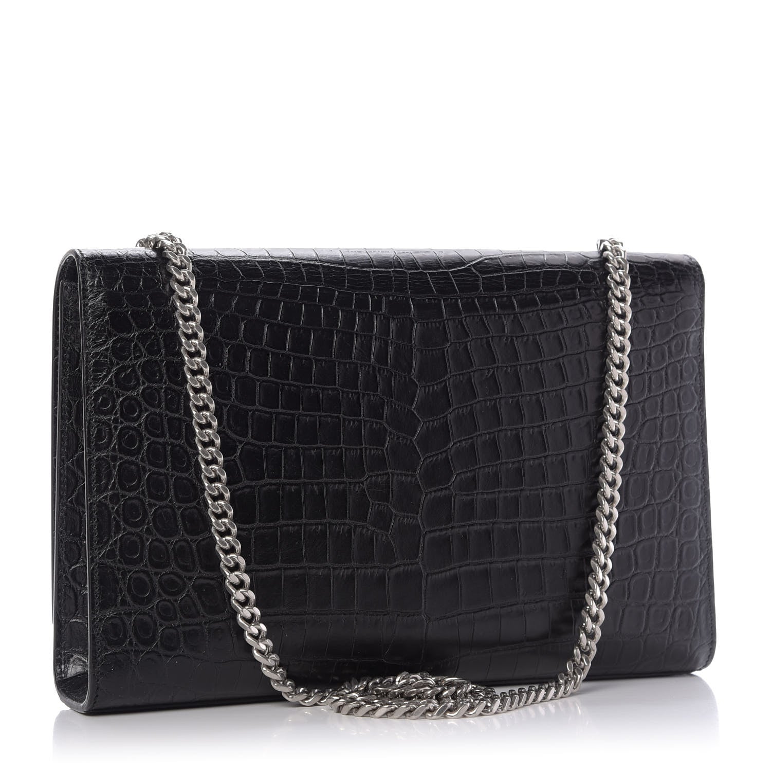 Saint Laurent Calfskin Crocodile Embossed Large Classic Monogram Kate Satchel Black 3 of 9
