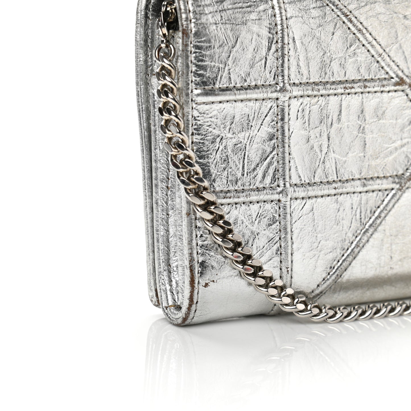 Metallic Crinkled Lambskin Diorama Croisiere Chain Wallet Silver