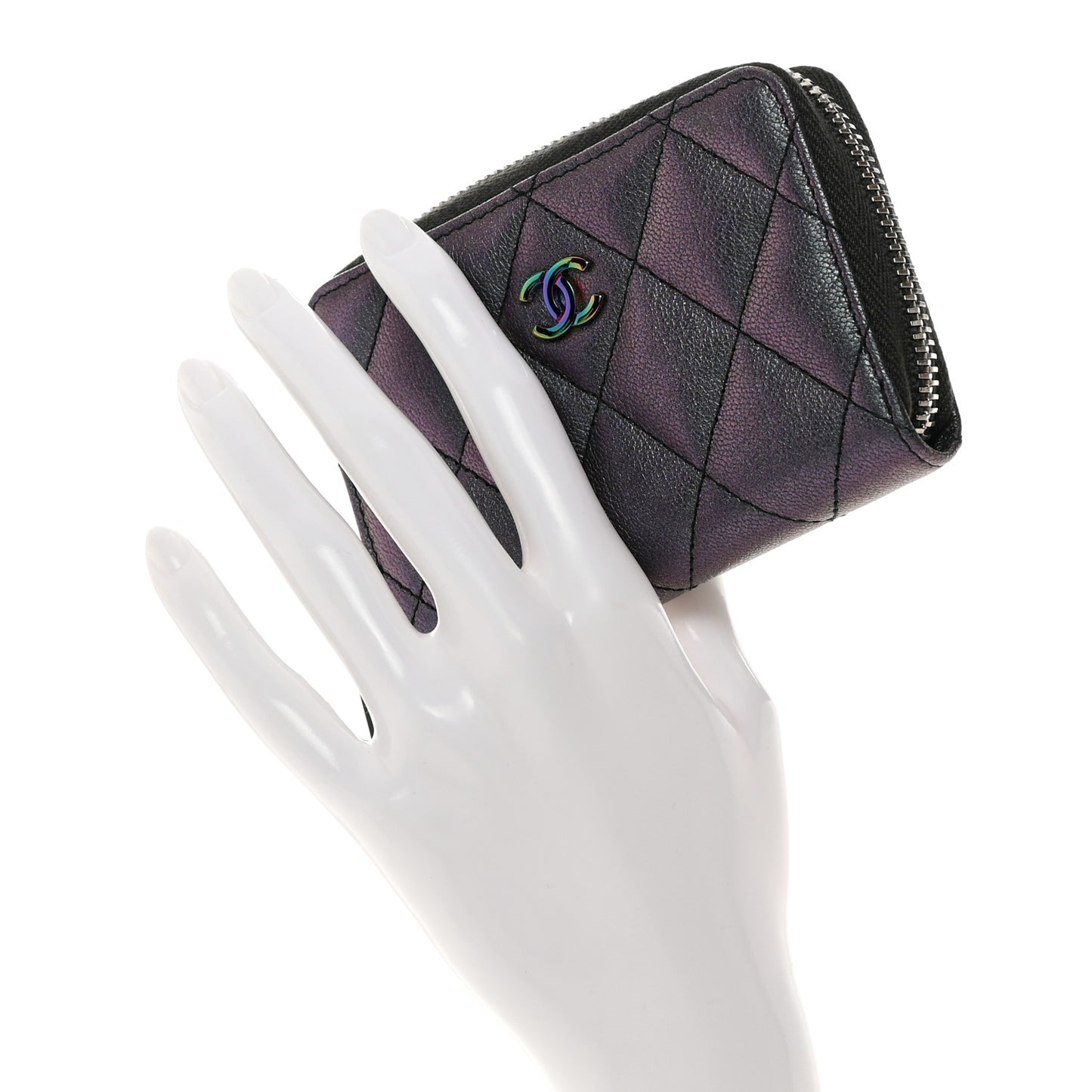 Iridescent Goatskin Quilted Zip Coin Purse Purple