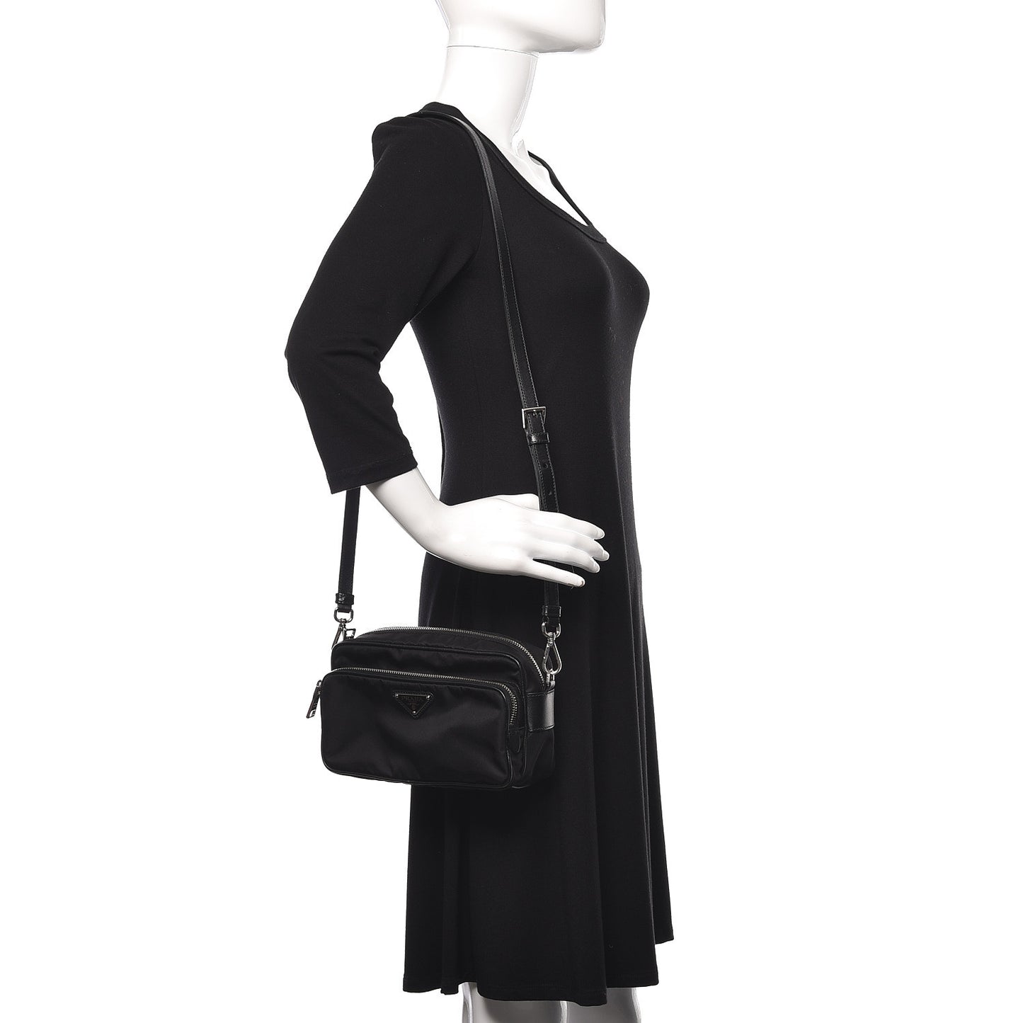 Nylon Saffiano Vela Double Zip Crossbody Bag Black