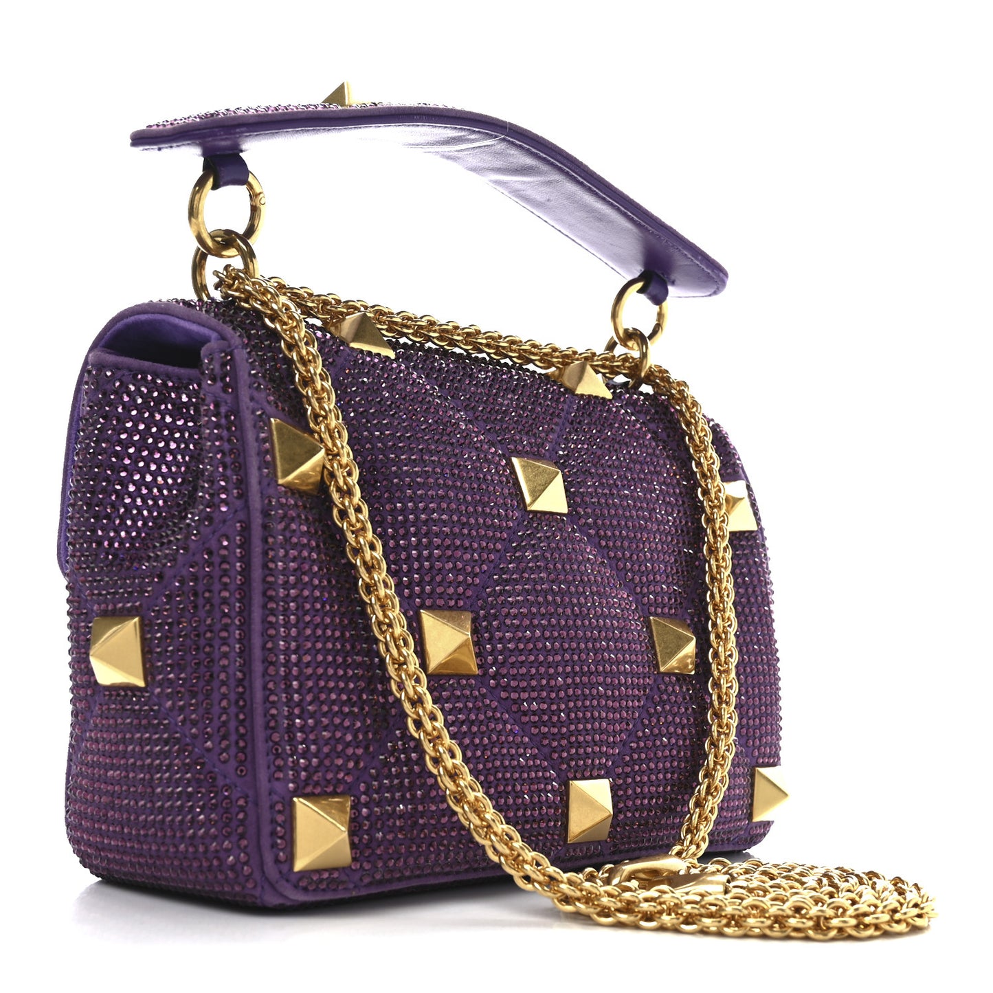 Crystal Suede Enamel Medium Roman Stud Shoulder Bag Purple