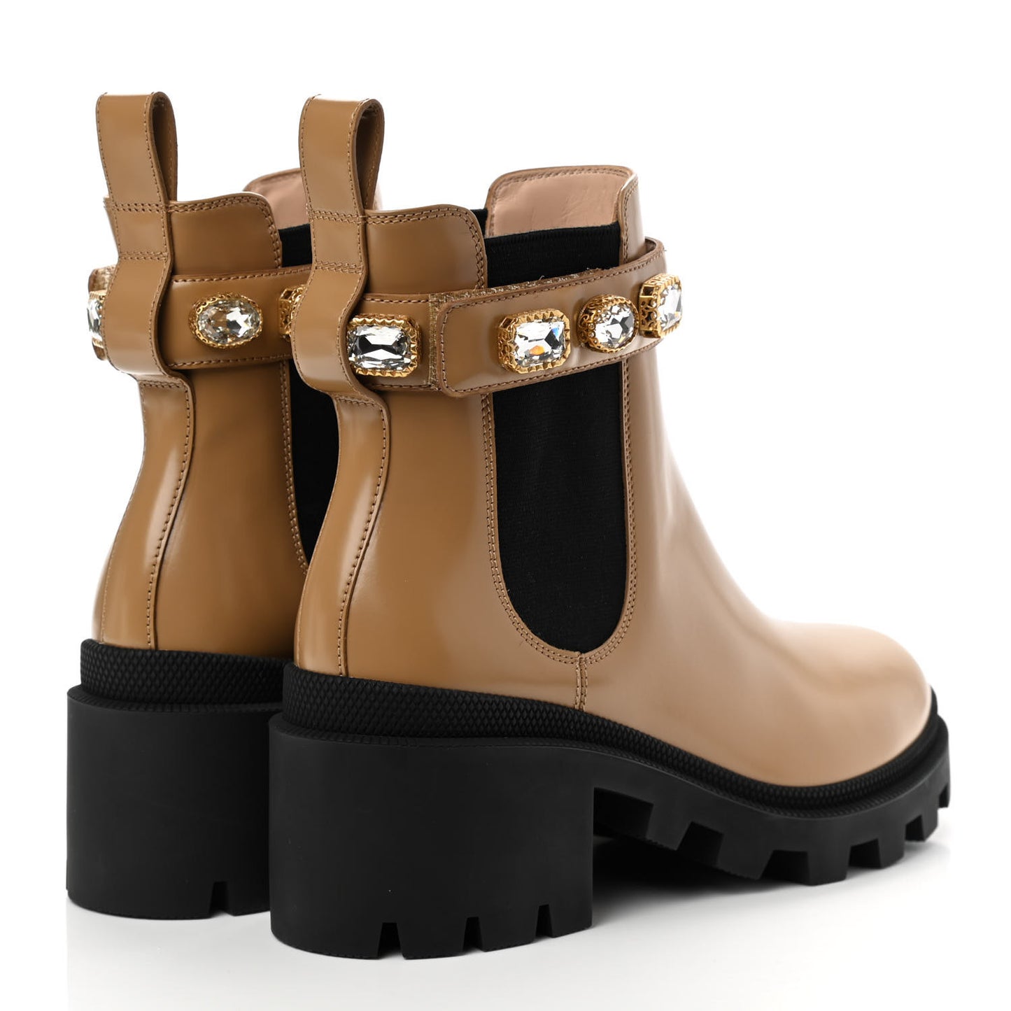 Calfskin Crystal GG Trip Chelsea Ankle Boots 37 Natural Tan