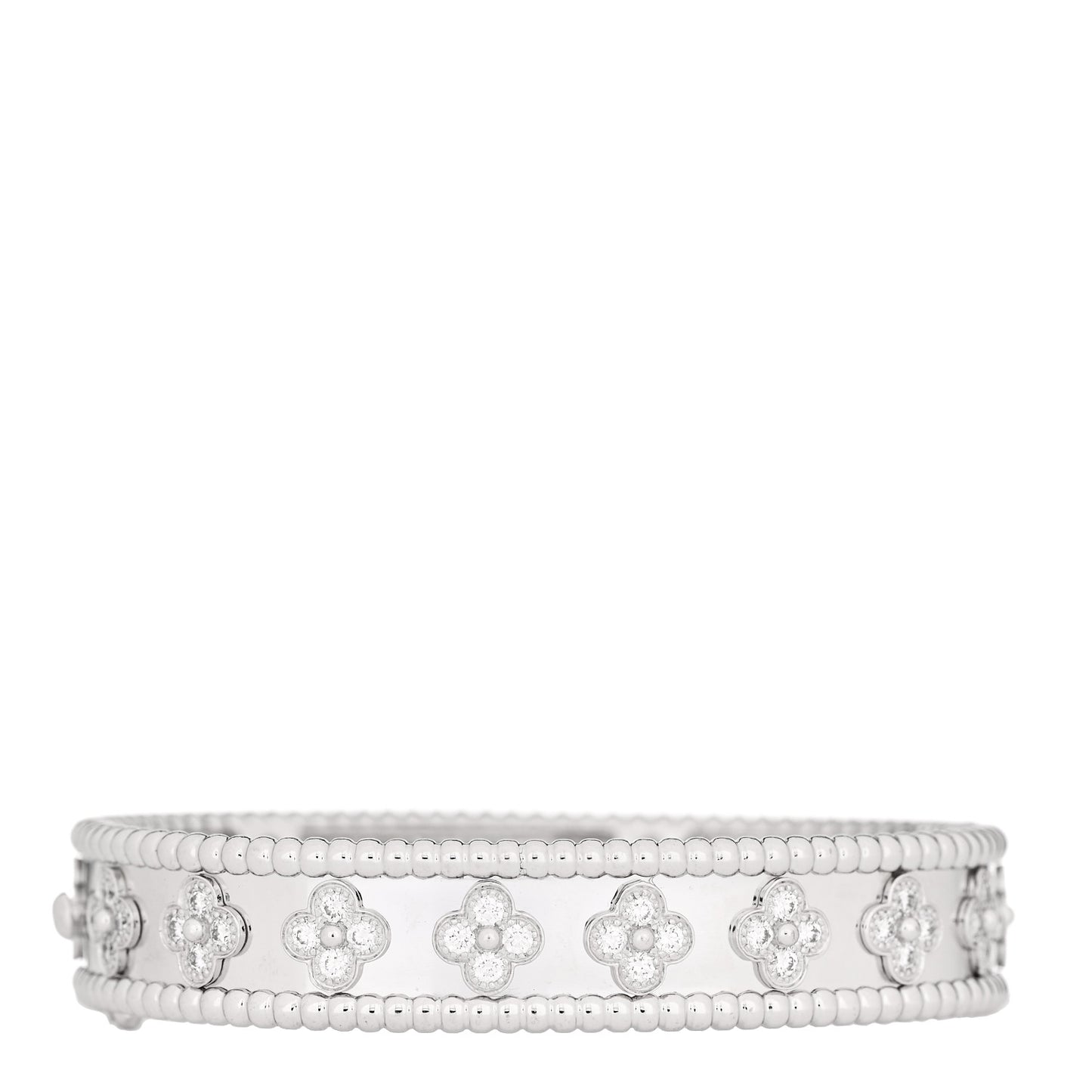 18K White Gold Diamond Perlee Clovers Bangle Bracelet XS