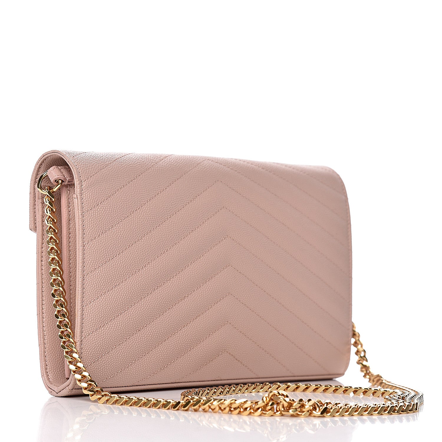 Saint Laurent Grain De Poudre Matelasse Chevron Monogram Chain Wallet Pale Blush 3 of 10
