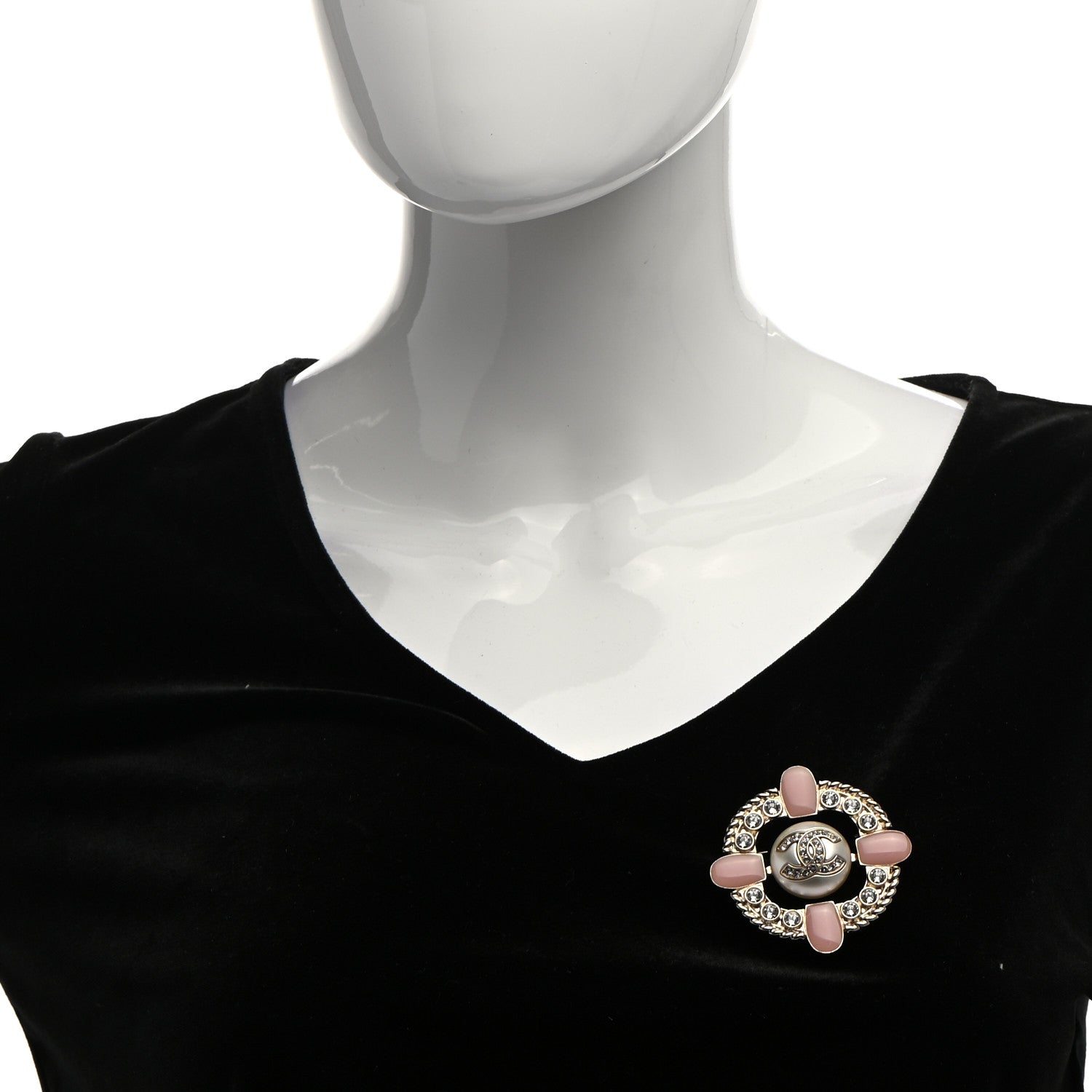 Chanel Crystal Pearl Enamel CC Brooch Gold Pink 2 of 5