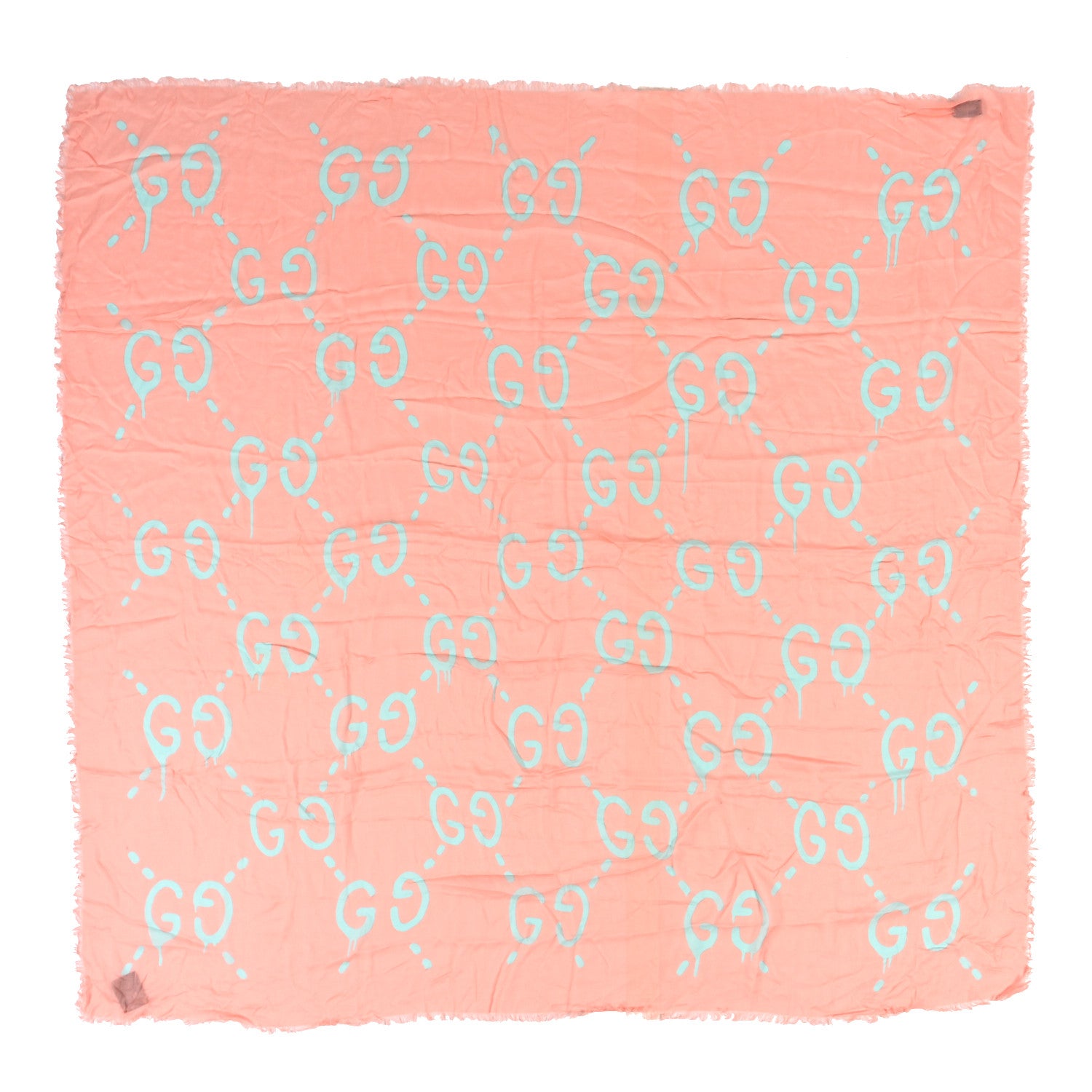 Gucci Modal Silk GG Writers Fringe Shawl Old Rose Sky Blue 1 of 3