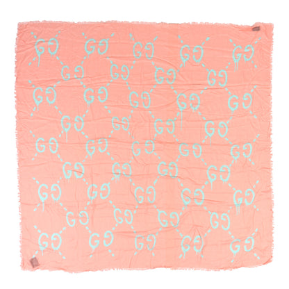 Gucci Modal Silk GG Writers Fringe Shawl Old Rose Sky Blue 1 of 3