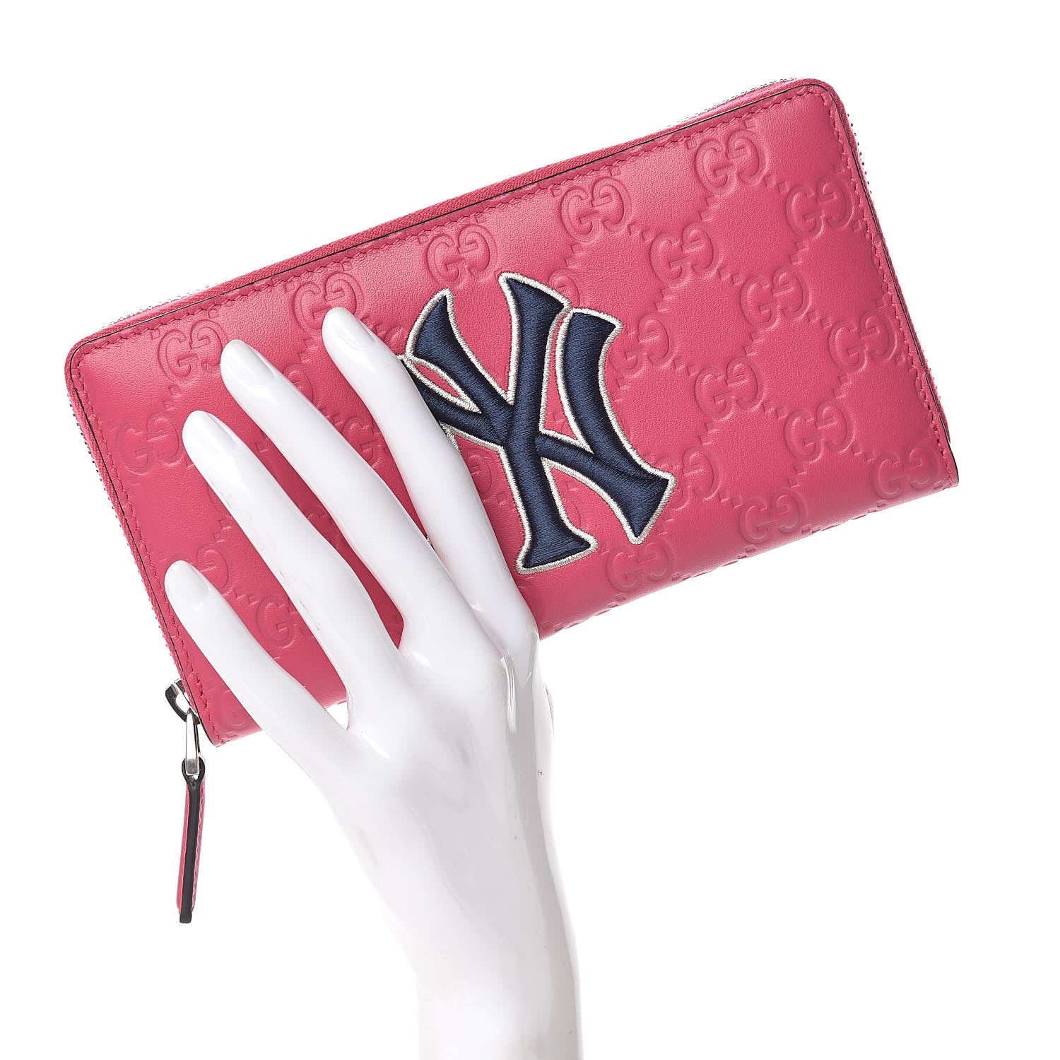 Gucci X MLB Guccissima Signature NY Yankees Embroidered Zip Around Wallet Box Pink Blue Ivory 2 of 9