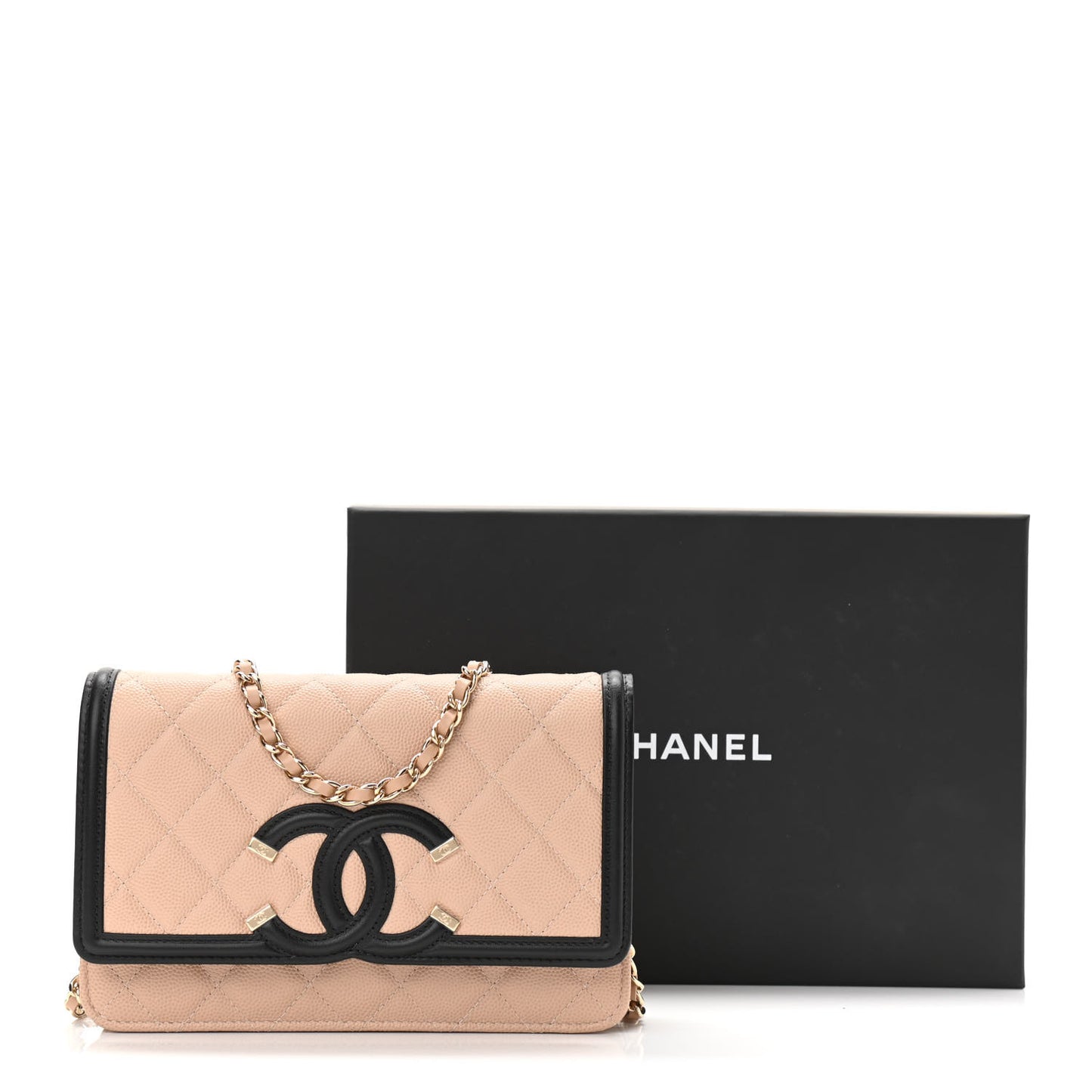 Caviar Quilted CC Filigree Wallet On Chain WOC Beige Black