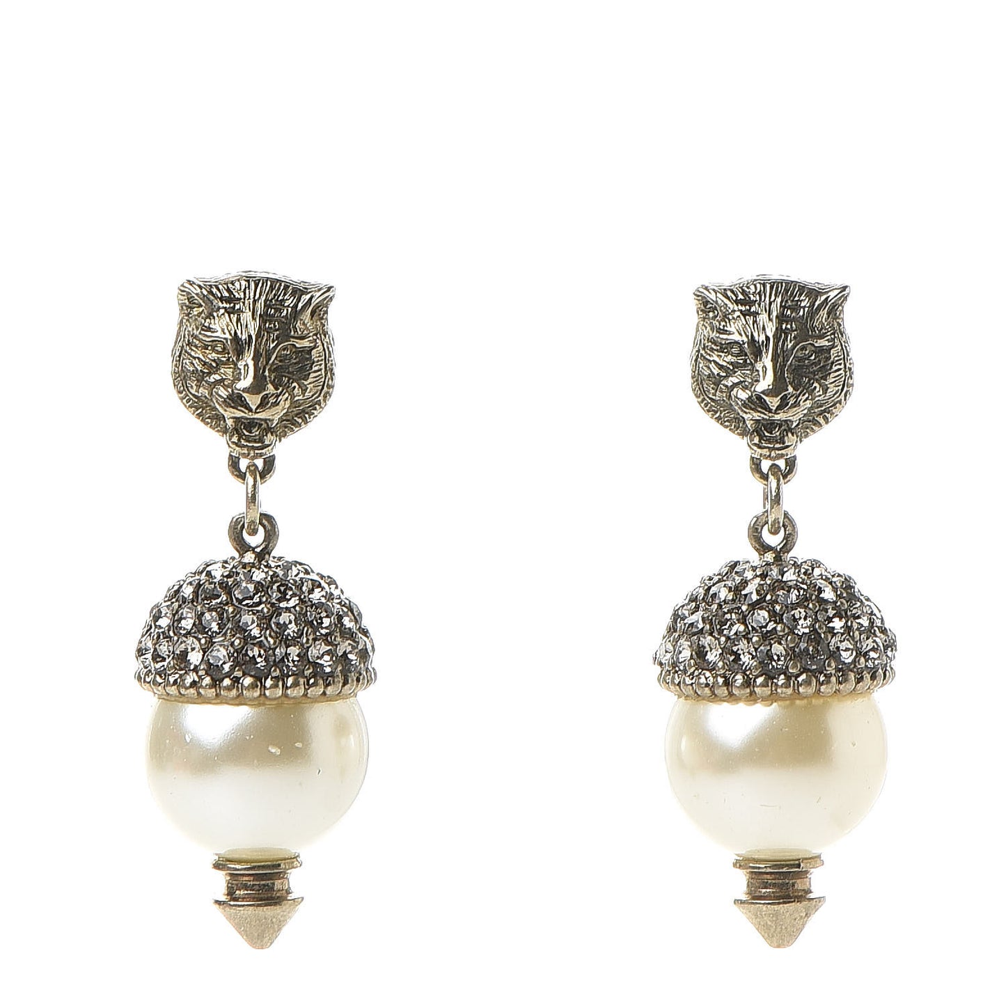 Metal Resin Pearl Feline Clip On Earrings Aged Gold