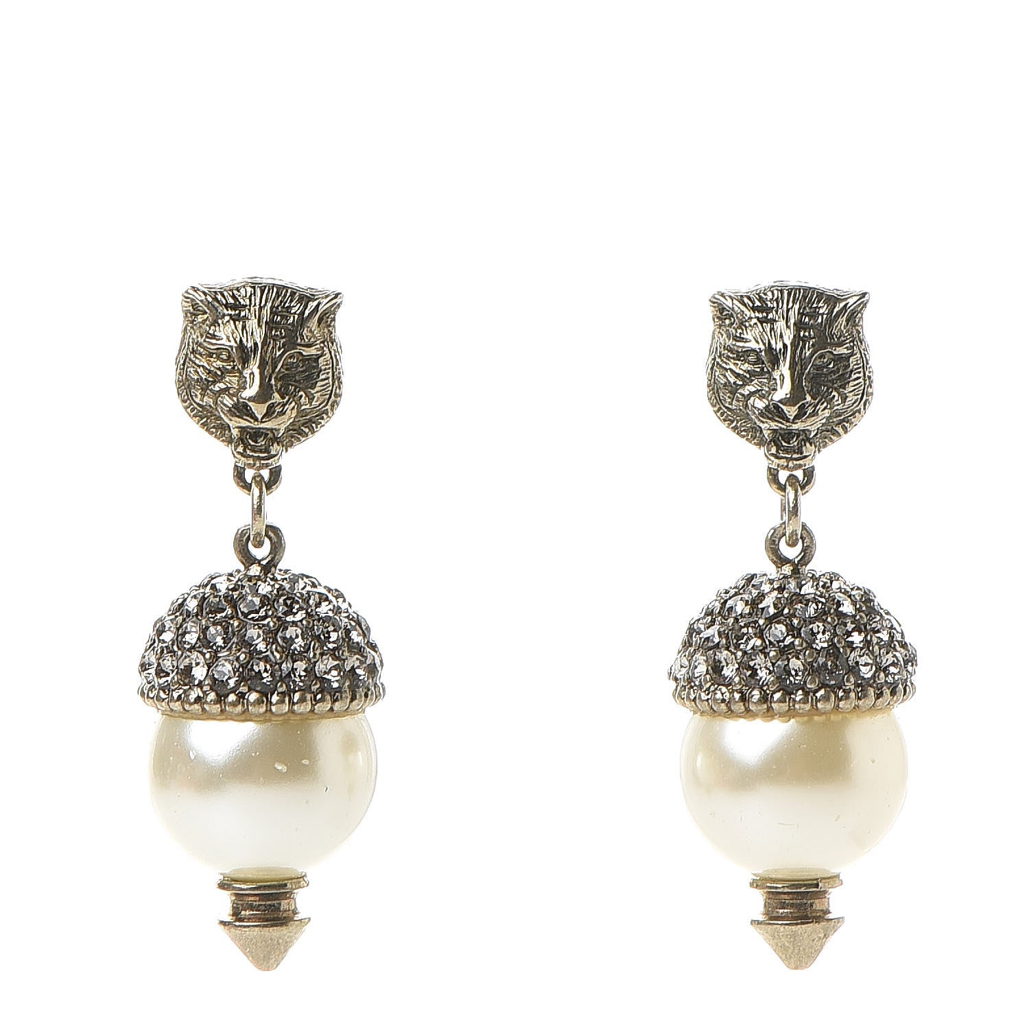 Gucci Metal Resin Pearl Feline Clip On Earrings Aged Gold 1 of 6