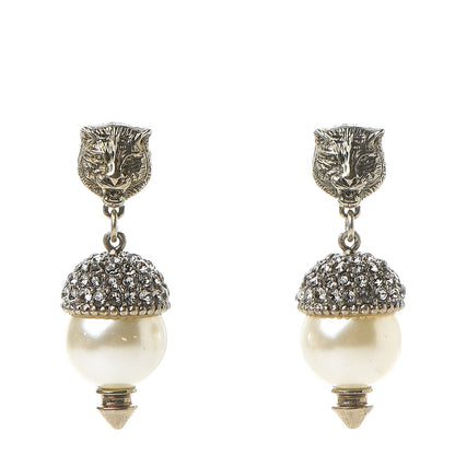 Gucci Metal Resin Pearl Feline Clip On Earrings Aged Gold 1 of 6