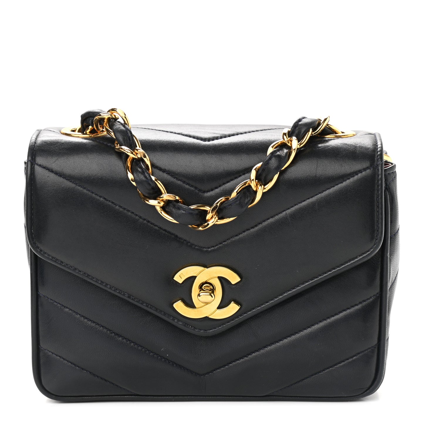 Lambskin Chevron Quilted Mini Square Flap Navy Blue