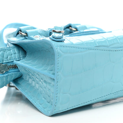 Balenciaga Calfskin Crocodile Embossed Neo Classic Silver Hardware Nano City Crossbody Azur 7 of 9