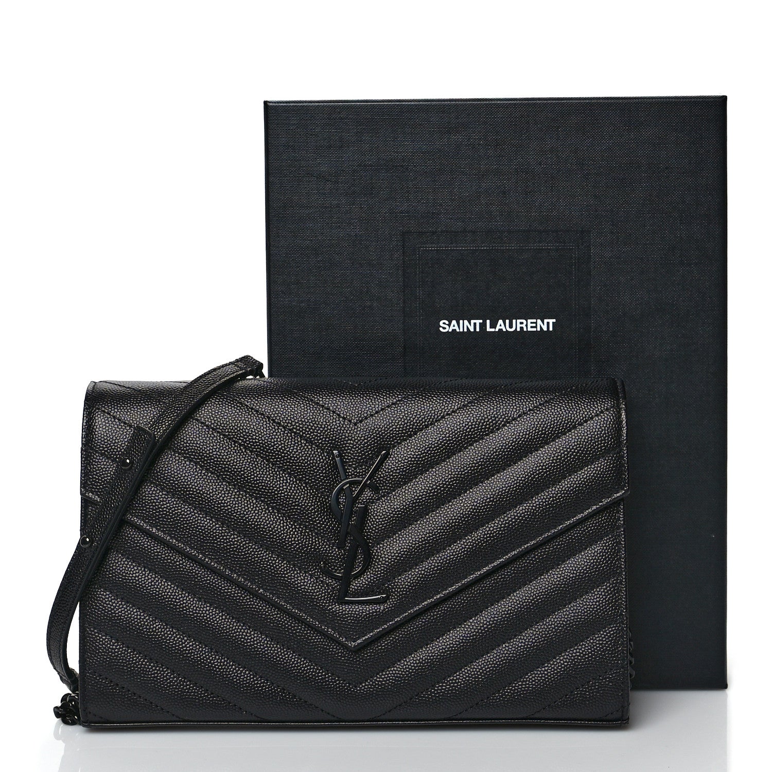 Saint Laurent Grain De Poudre Matelasse Chevron Monogram Chain Wallet Black 11 of 11
