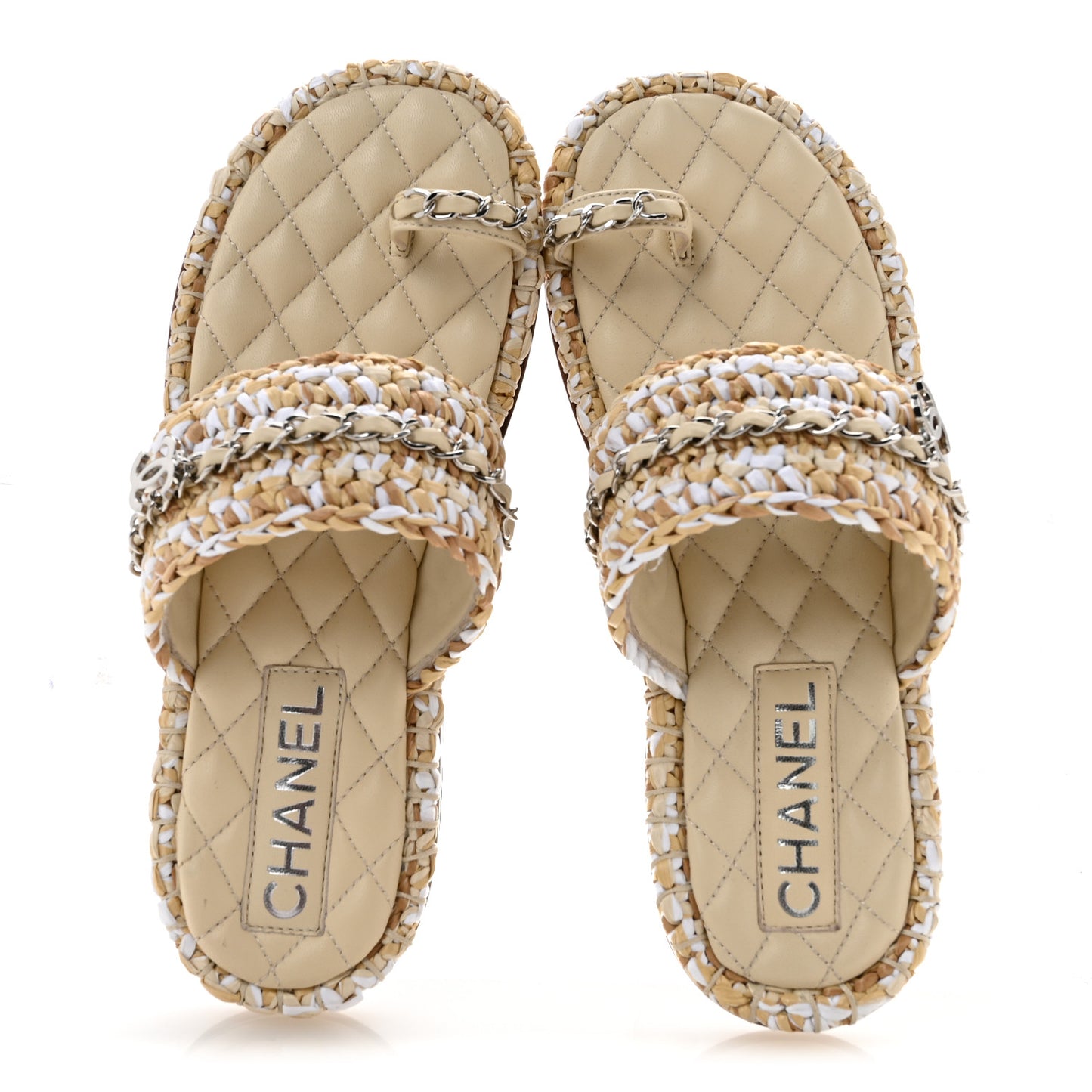 Raffia Lambskin Woven Chain CC Toe Ring Sandals 37 Beige White