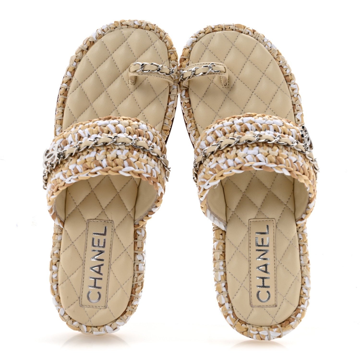 Chanel Raffia Lambskin Woven Chain CC Toe Ring Sandals 37 Beige White 2 of 11