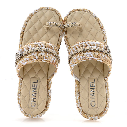 Chanel Raffia Lambskin Woven Chain CC Toe Ring Sandals 37 Beige White 2 of 11