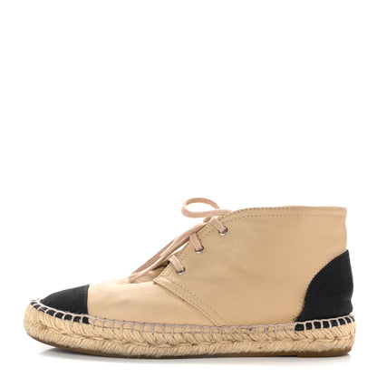 Chanel Lambskin Canvas Cap Toe Lace Up Espadrilles 38 Dark Beige Black 1 of 11
