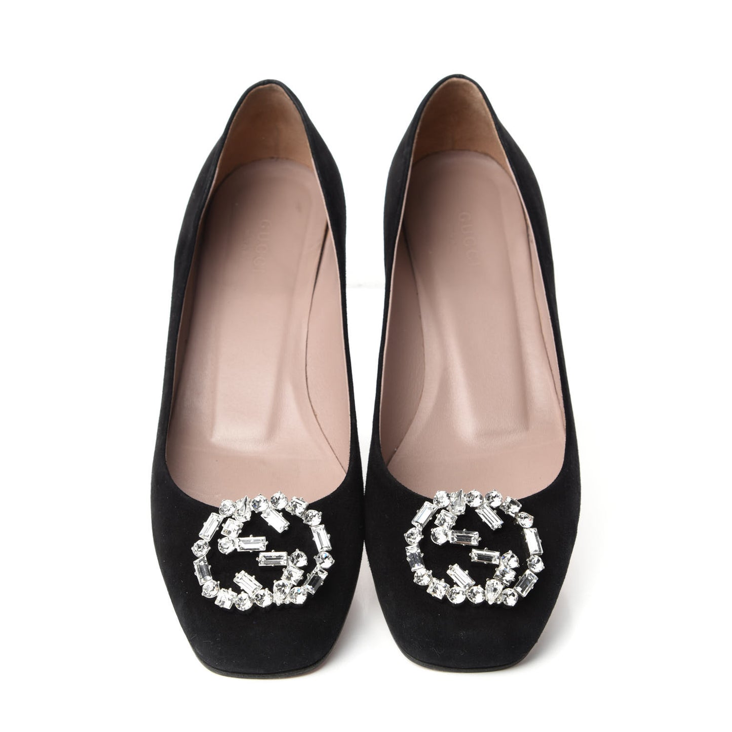 Suede Crystal Interlocking G Low Heel Pumps 38 Black