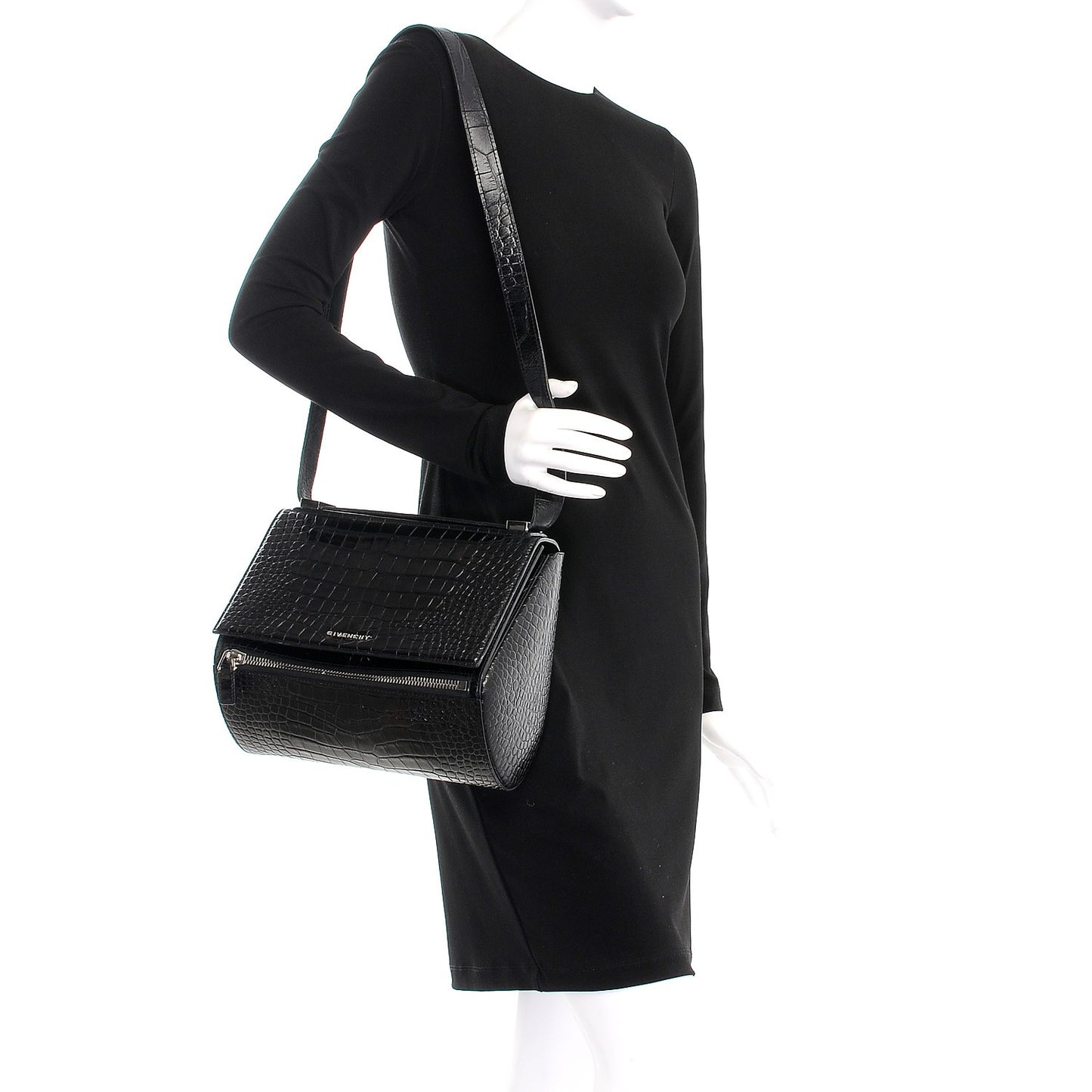 Calfskin Crocodile Embossed Medium Pandora Box Crossbody Bag Black