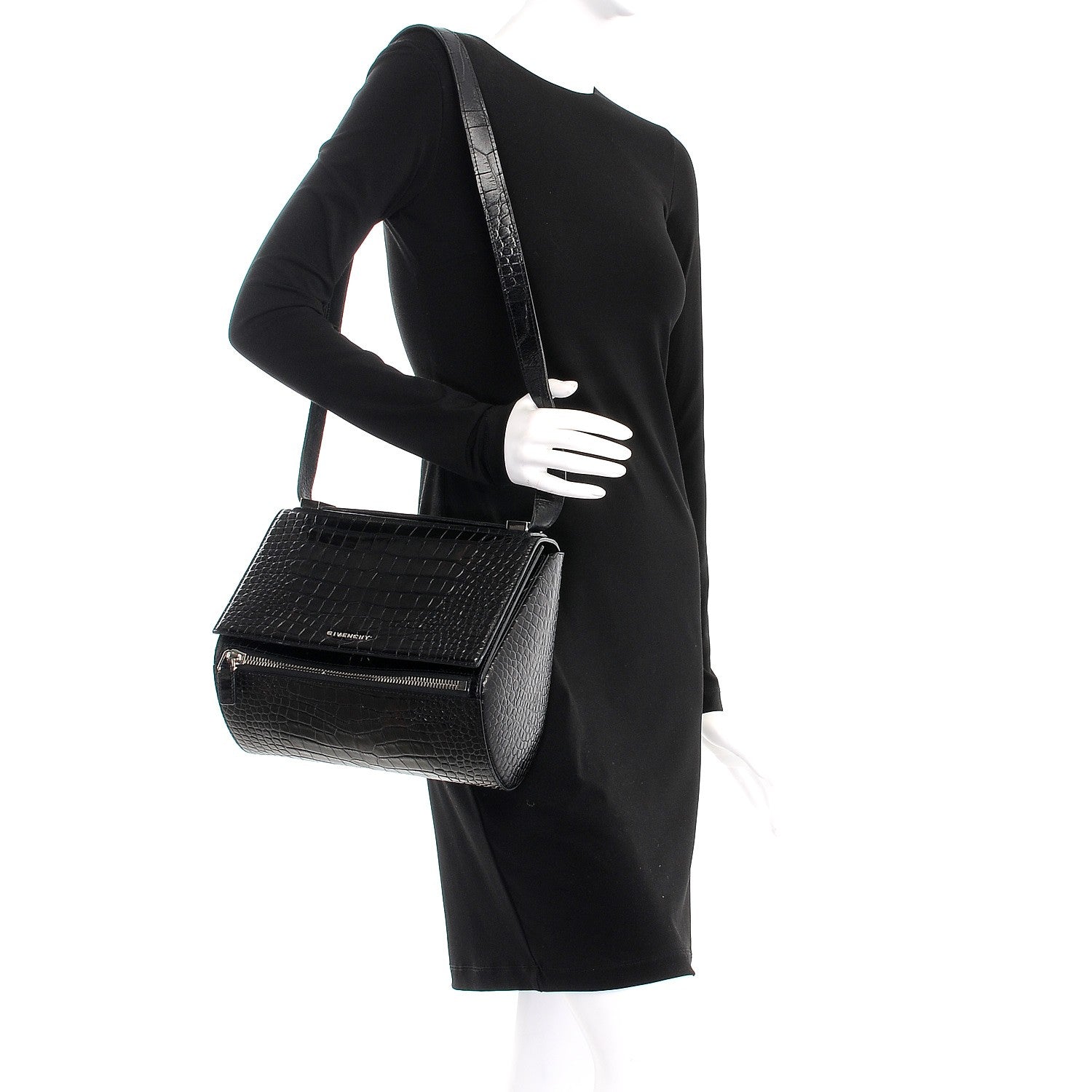 Givenchy Calfskin Crocodile Embossed Medium Pandora Box Crossbody Bag Black 2 of 10