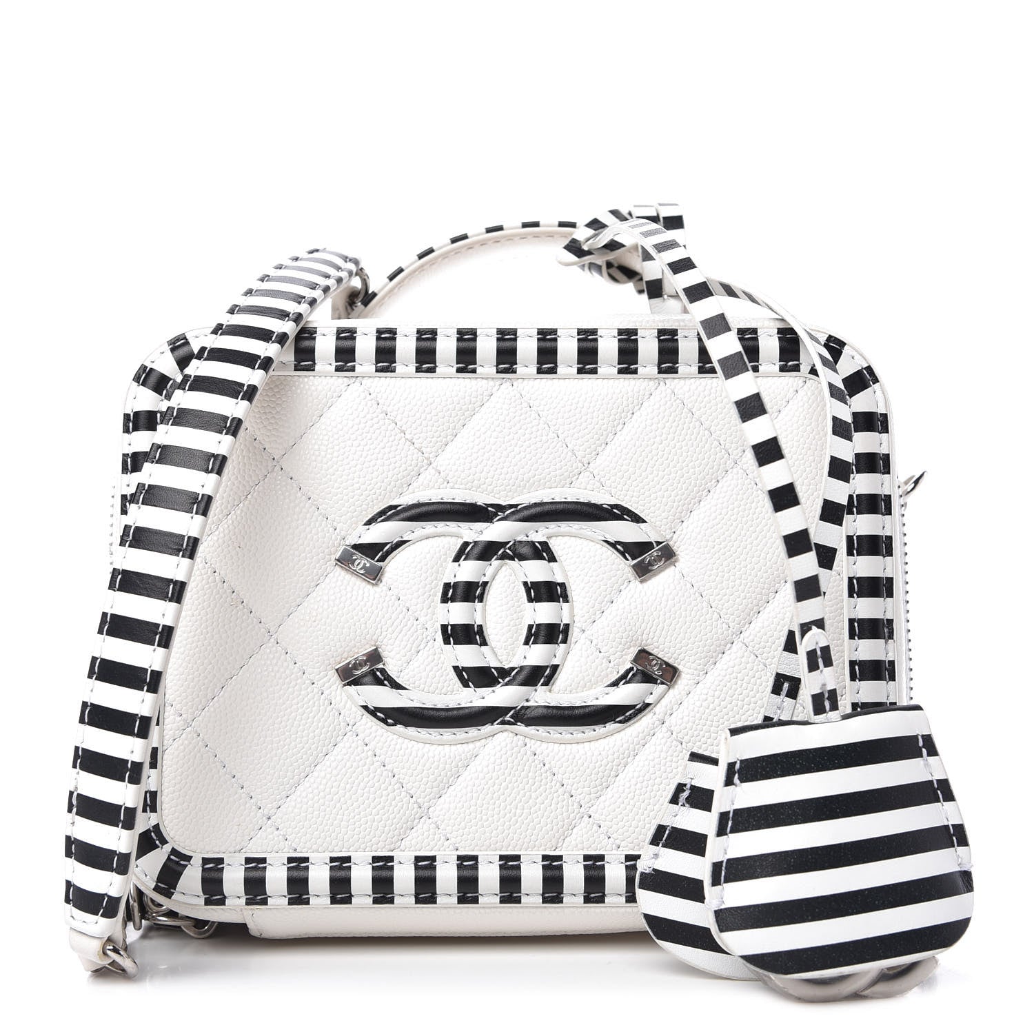 Chanel Caviar Quilted Striped Small CC Filigree Vanity Case White Black 1 of 10