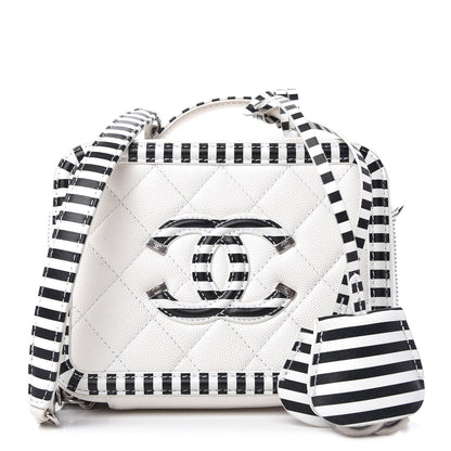 Chanel Caviar Quilted Striped Small CC Filigree Vanity Case White Black 1 of 10
