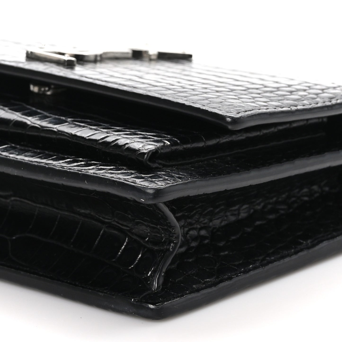 Calfskin Crocodile Embossed Monogram Sunset Top Handle Chain Wallet Black