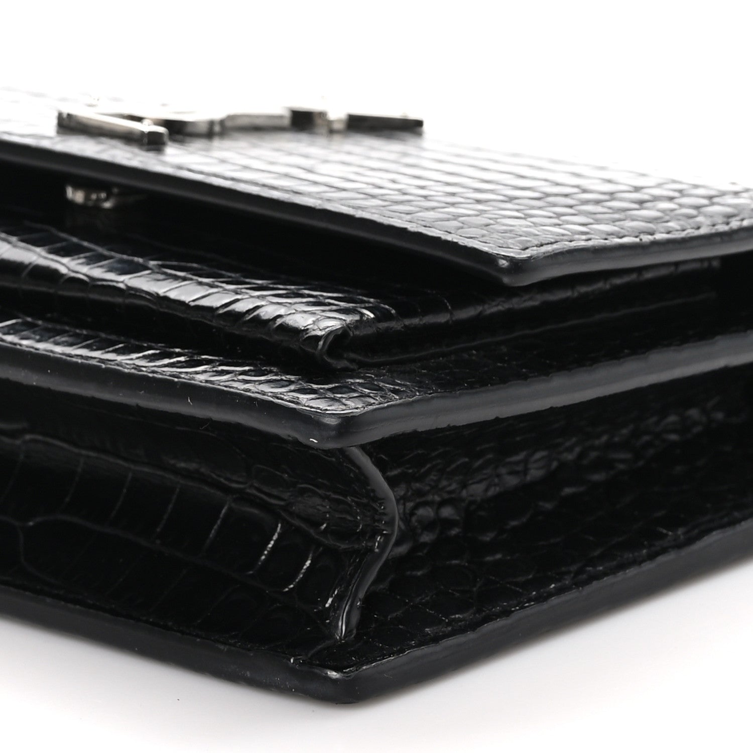 Saint Laurent Calfskin Crocodile Embossed Monogram Sunset Top Handle Chain Wallet Black 9 of 9