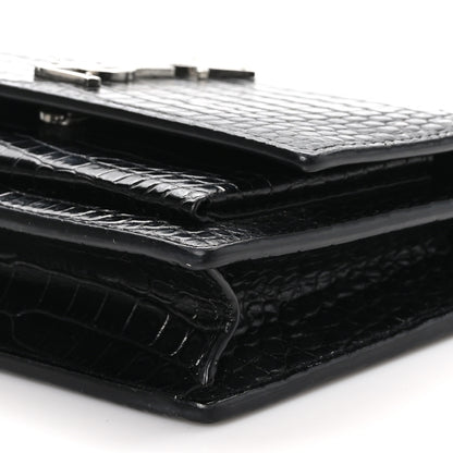 Saint Laurent Calfskin Crocodile Embossed Monogram Sunset Top Handle Chain Wallet Black 9 of 9