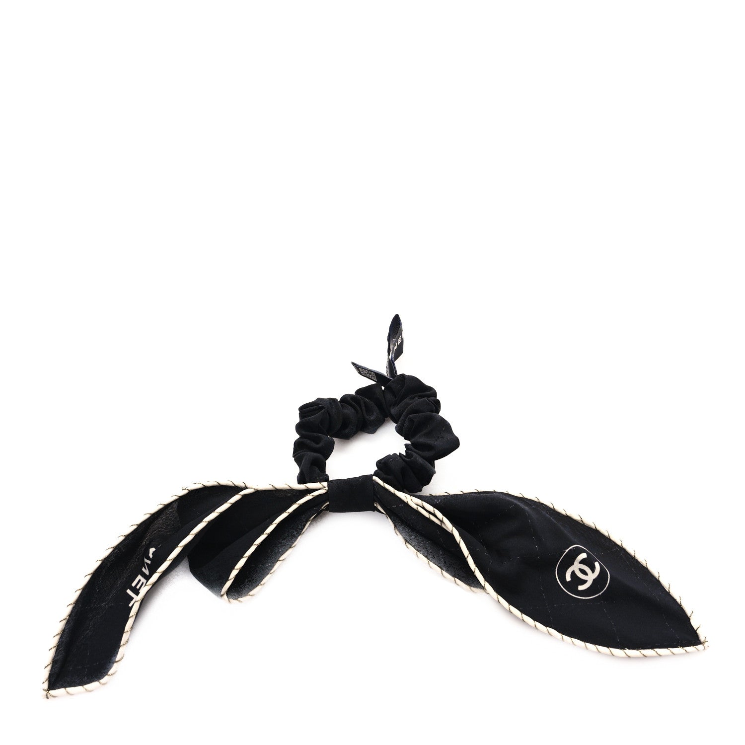 Chanel Silk CC Bow Hair Tie Black Ecru 2 of 3