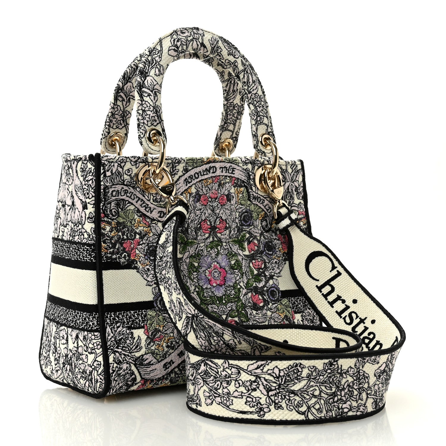 Christian Dior Canvas Around the World Embroidered Medium Lady D-Lite White Multicolor 3 of 10