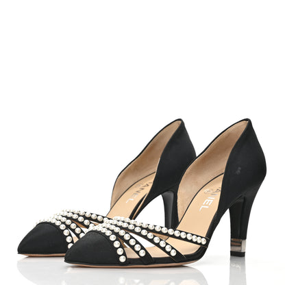 Chanel Satin Grosgrain Pearl Pumps 38.5 Black 3 of 10