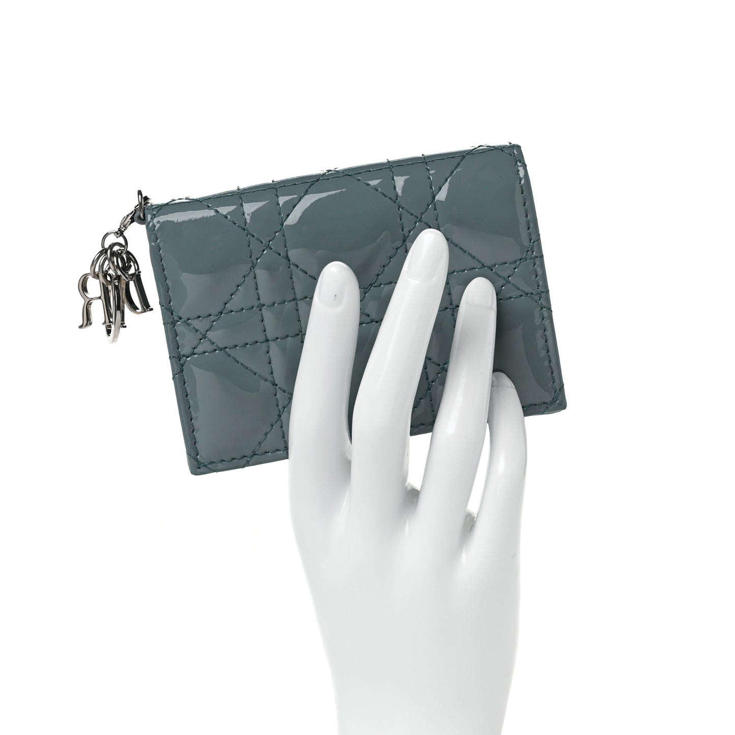 Patent Cannage Small Lady Dior Flap Card Holder Gray Stone