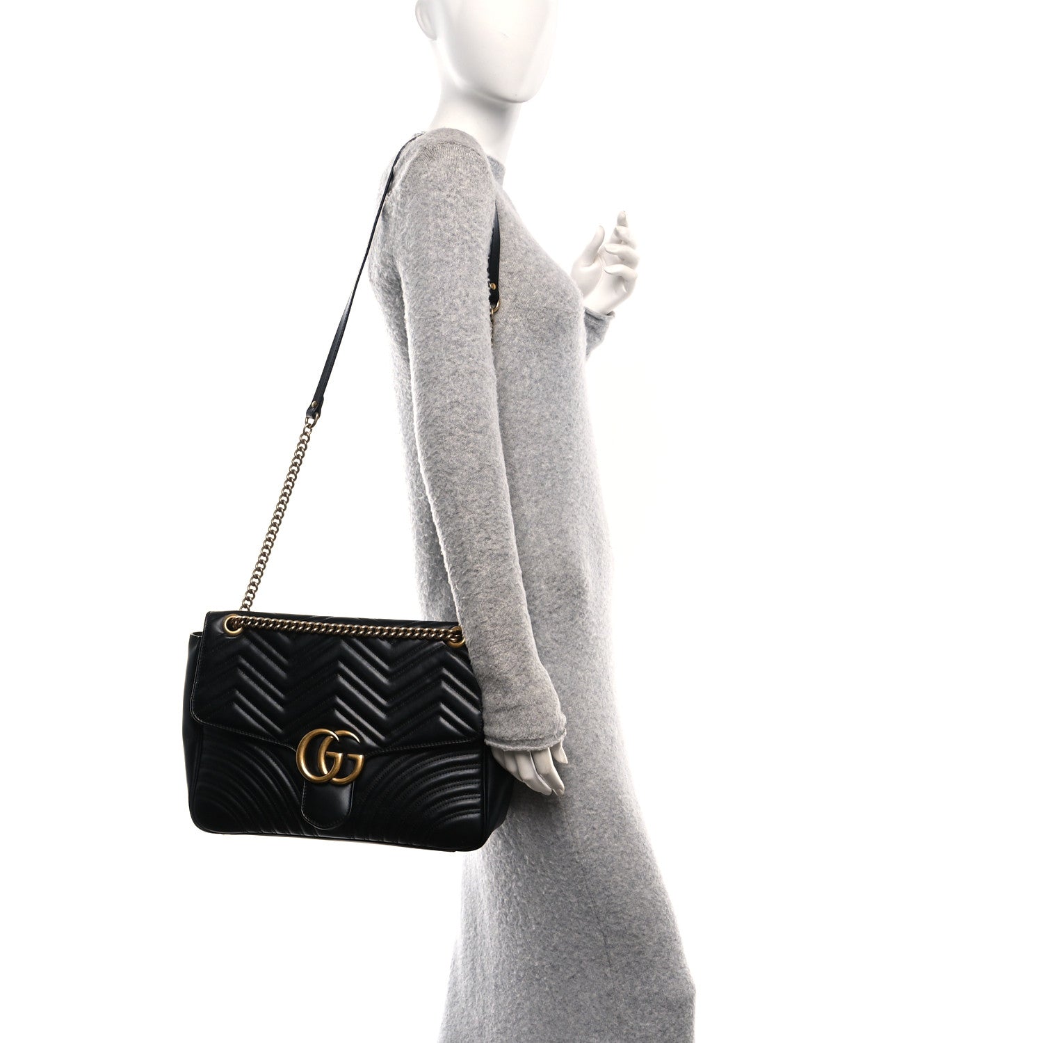 Gucci Calfskin Matelasse Large GG Marmont Top Handle Shoulder Bag Black 2 of 10