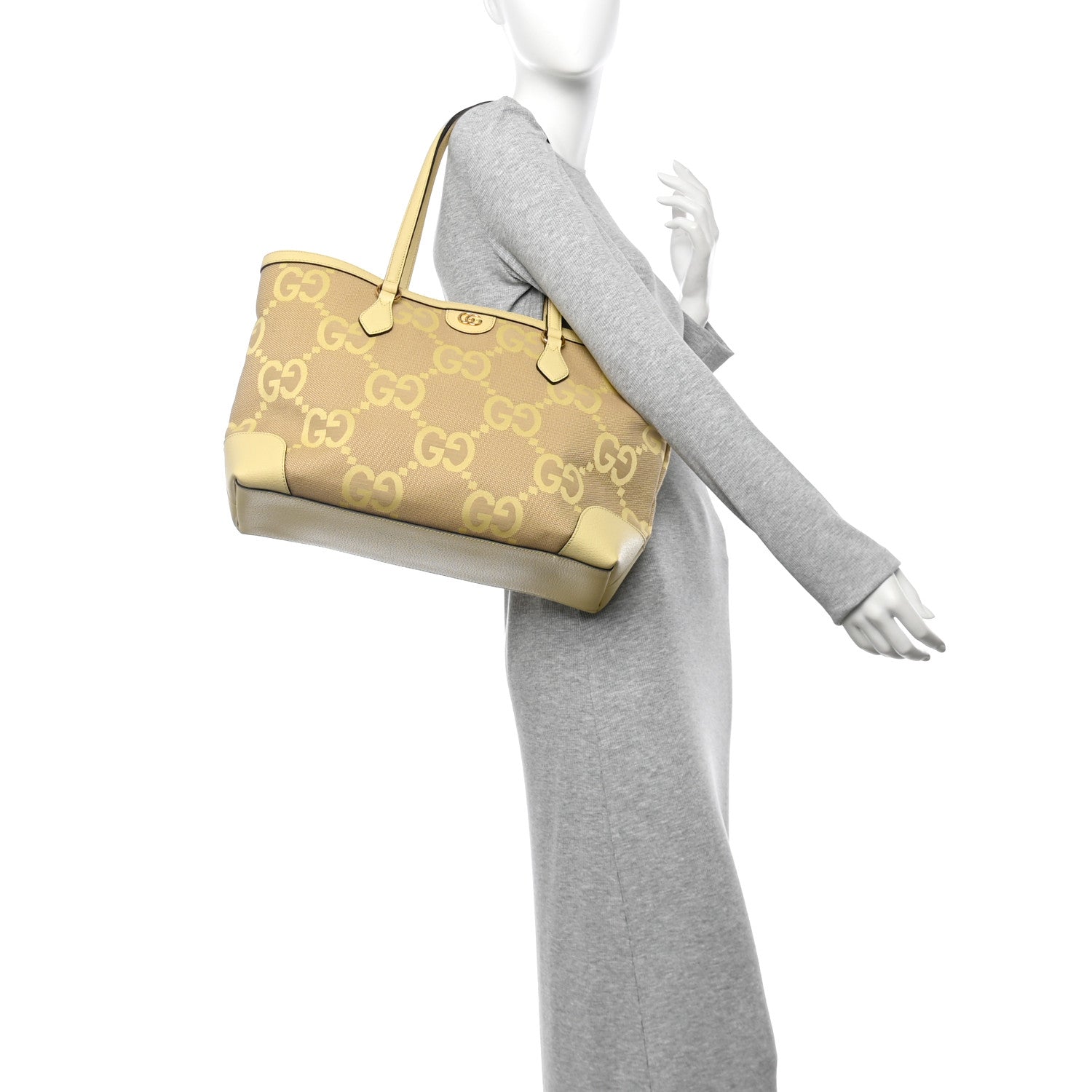 Gucci Monogram Jumbo GG Textured Dollar Calfskin Medium Ophidia Shopping Tote Beige Yellow 2 of 11