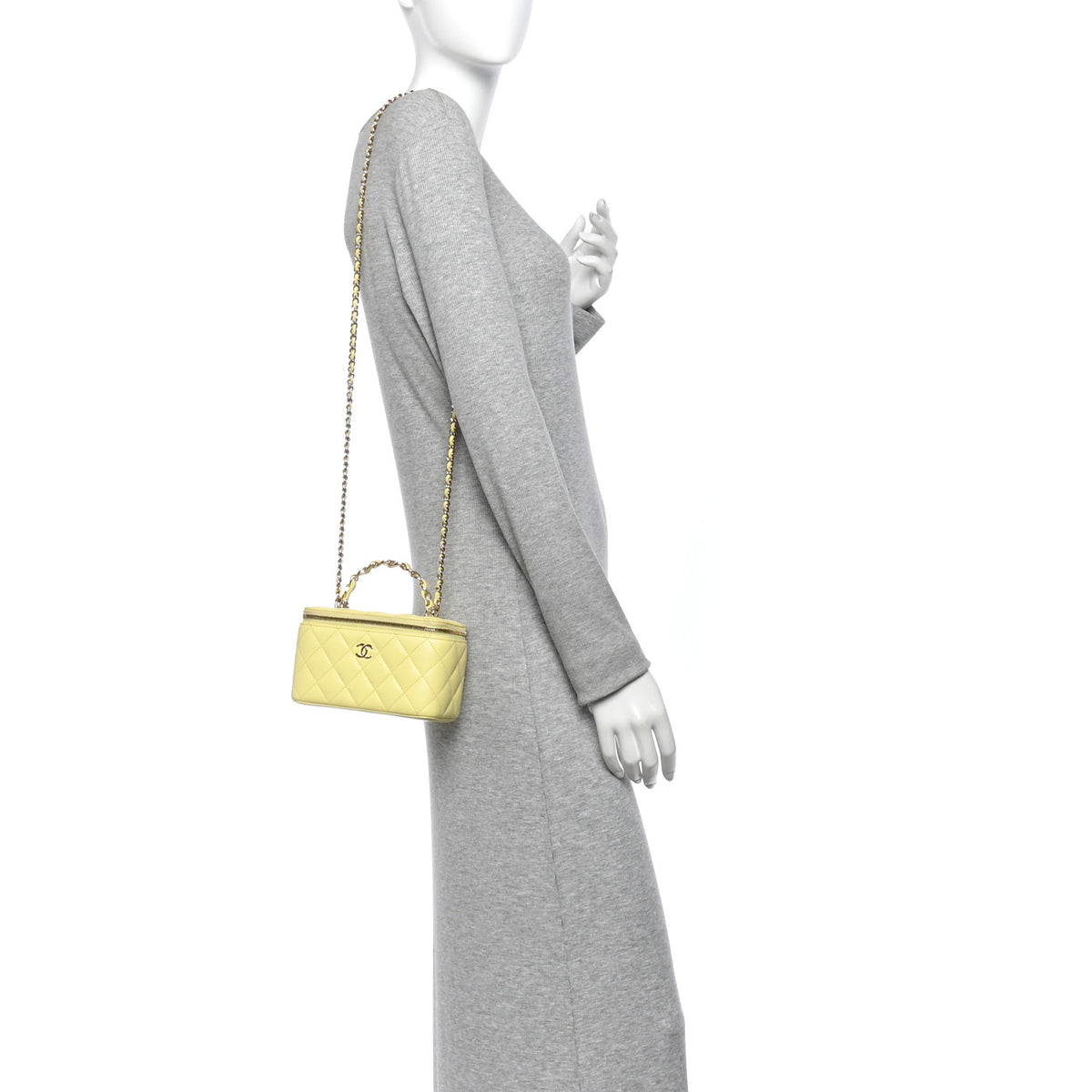 Lambskin Quilted Crystal Small Top Handle Vanity Case With Chain Light Yellow