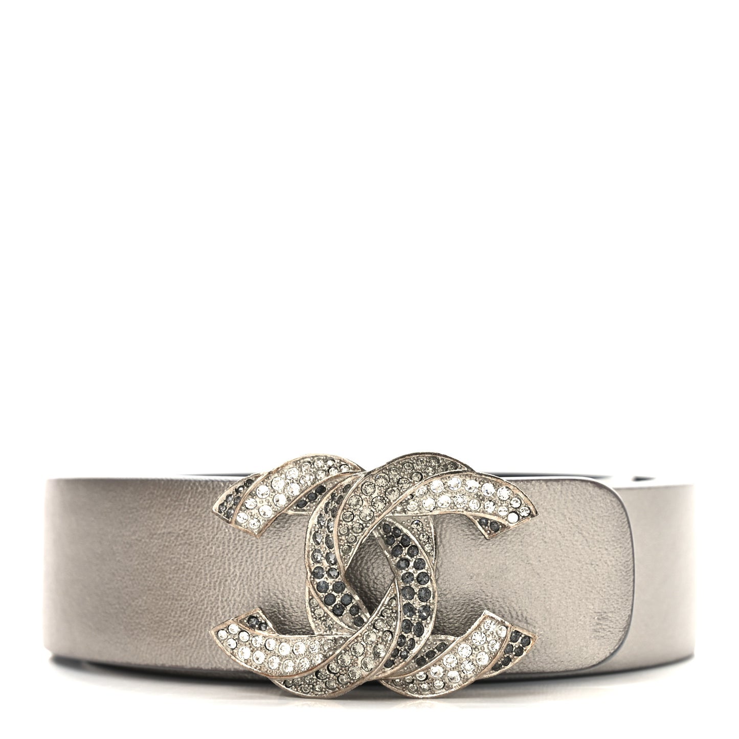 Metallic Calfskin Crystal CC Chain Belt 85 Silver