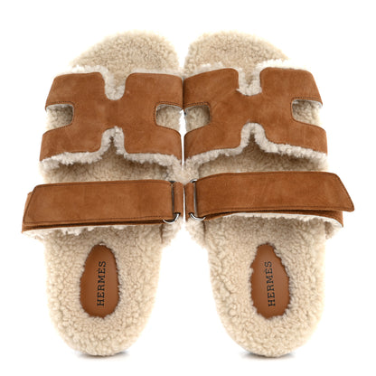 Hermes Suede Goatskin Woolskin Womens Chypre Sandals 38 Brun Fume Ecru 2 of 9