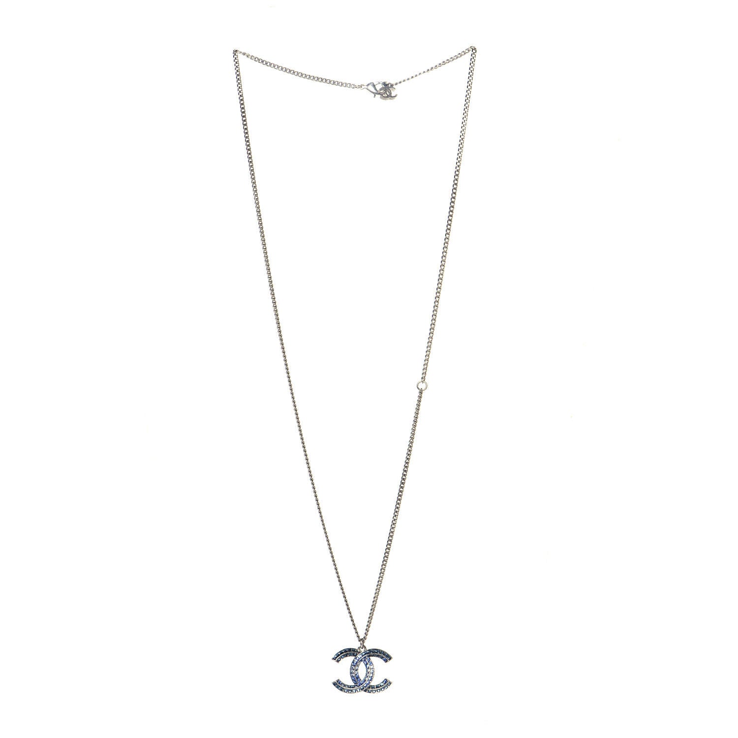 Chanel Crystal Baguette CC Necklace Silver Blue 3 of 7