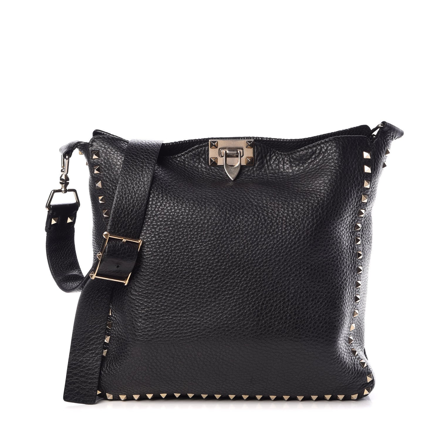Pebbled Calfskin Large Rockstud Flip-Lock Messenger Bag Black