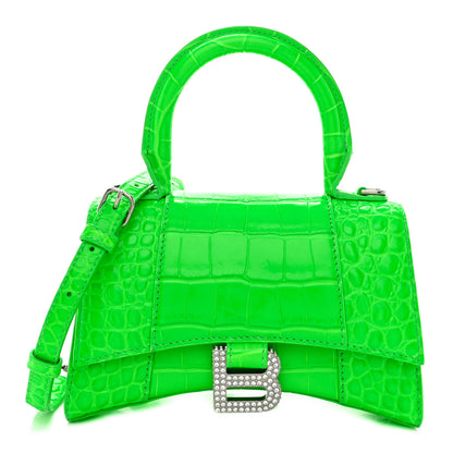 Balenciaga Shiny Calfskin Strass Crocodile Embossed Hourglass Top Handle Bag XS Fluo Green 1 of 12