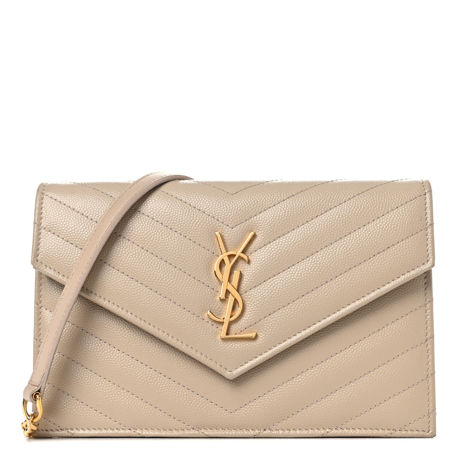 Saint Laurent Grain De Poudre Matelasse Chevron Monogram Envelope Chain Wallet Dark Beige 1 of 16
