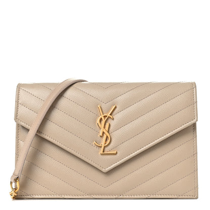 Saint Laurent Grain De Poudre Matelasse Chevron Monogram Envelope Chain Wallet Dark Beige 1 of 16
