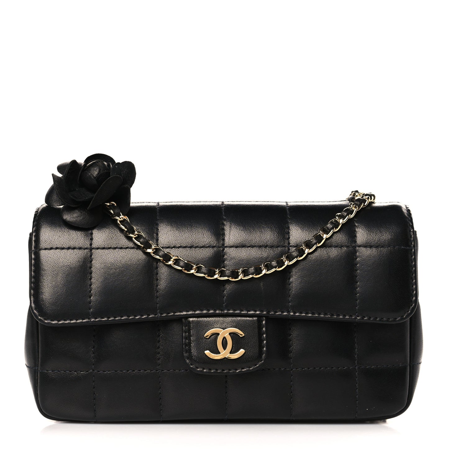 Lambskin Quilted Mini Chocolate Bar Camellia Flap Black