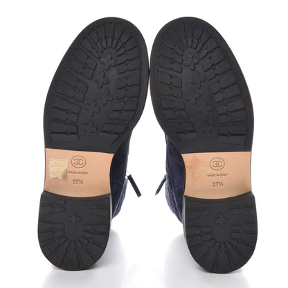 Chanel Suede Calfskin Quilted Lace Up Boots 37.5 Navy 5 of 9