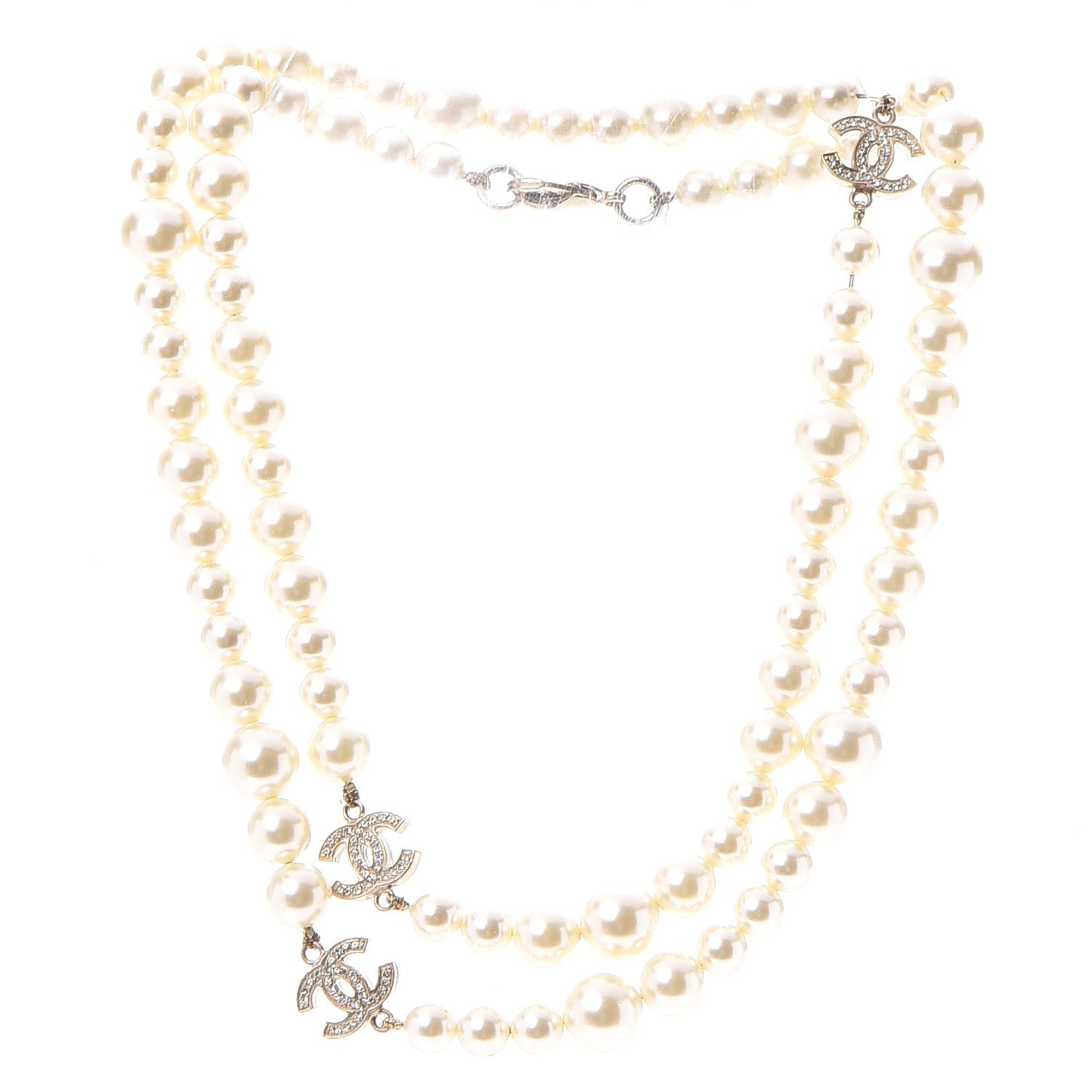 Chanel Graduated Pearl Crystal CC Long Necklace Light Gold 3 of 5