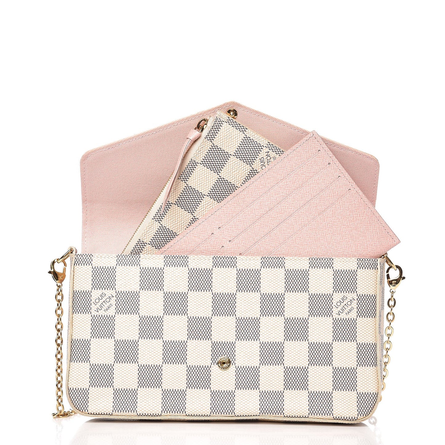 Damier Azur Pochette Felicie Chain Wallet Rose Ballerine